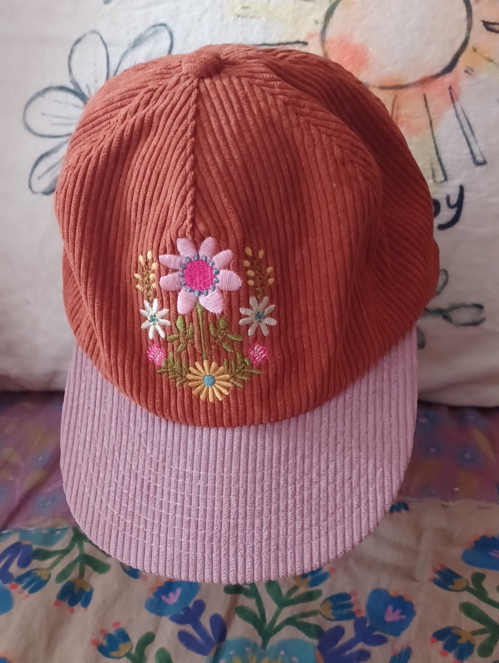 NATURAL LIFE Corduroy Floral Embroidered Two-Tone Cap - Rust & Pink